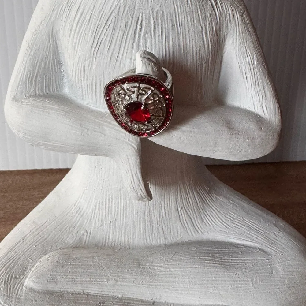 Red Rhinestone Silver Tone Costume Chunky Ring Size 5 1/4 Statement